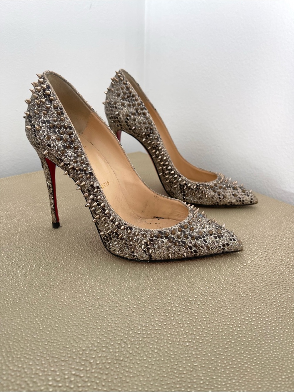 Christian Louboutin Metallic Gold Spike Embellished Pointed-Toe Pumps 37 1/2
